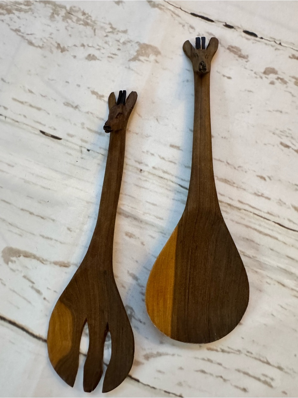 African Handcarved Wooden Giraffe Salad Servers - Brown